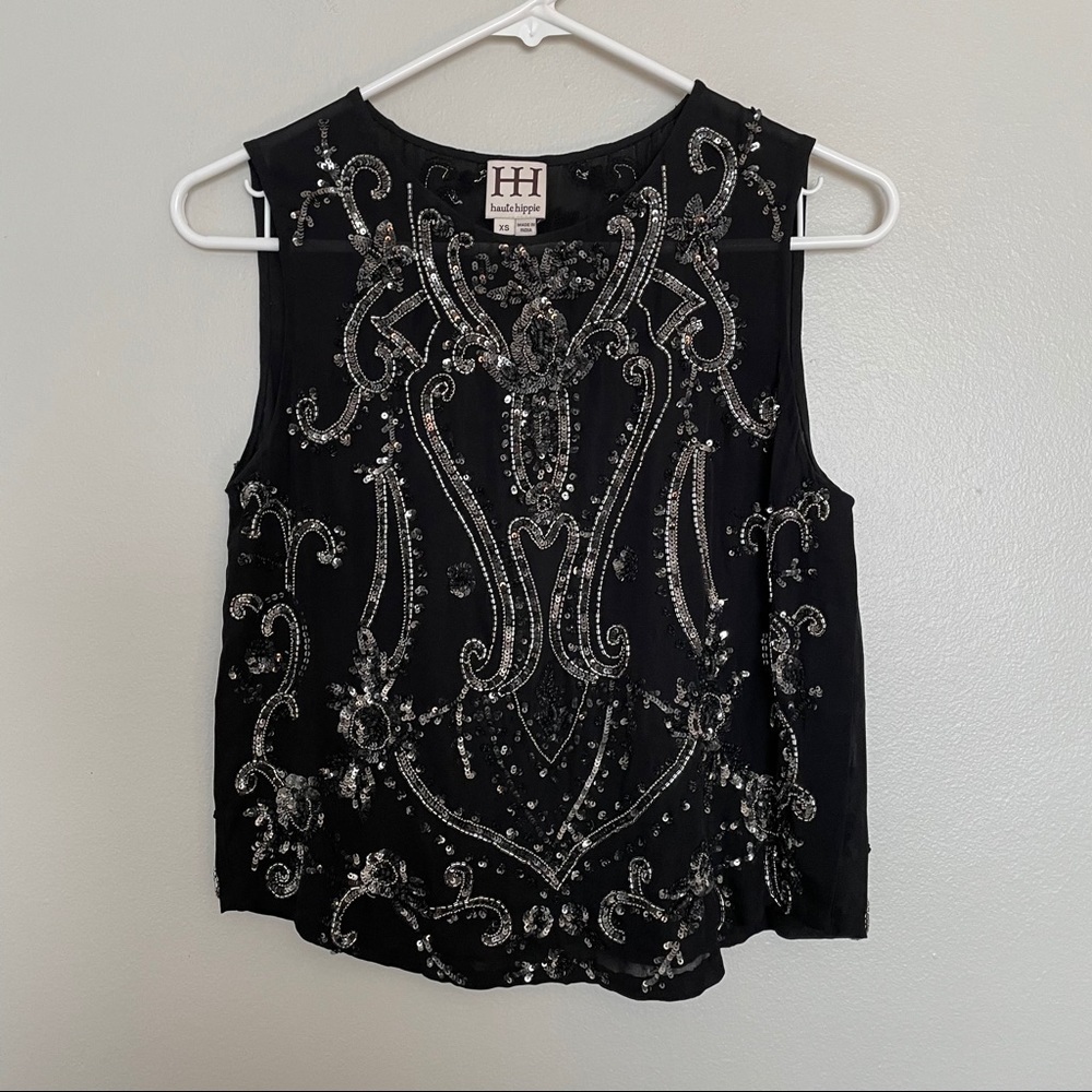 Haute Hippie Black Beaded Embellished Tank Top